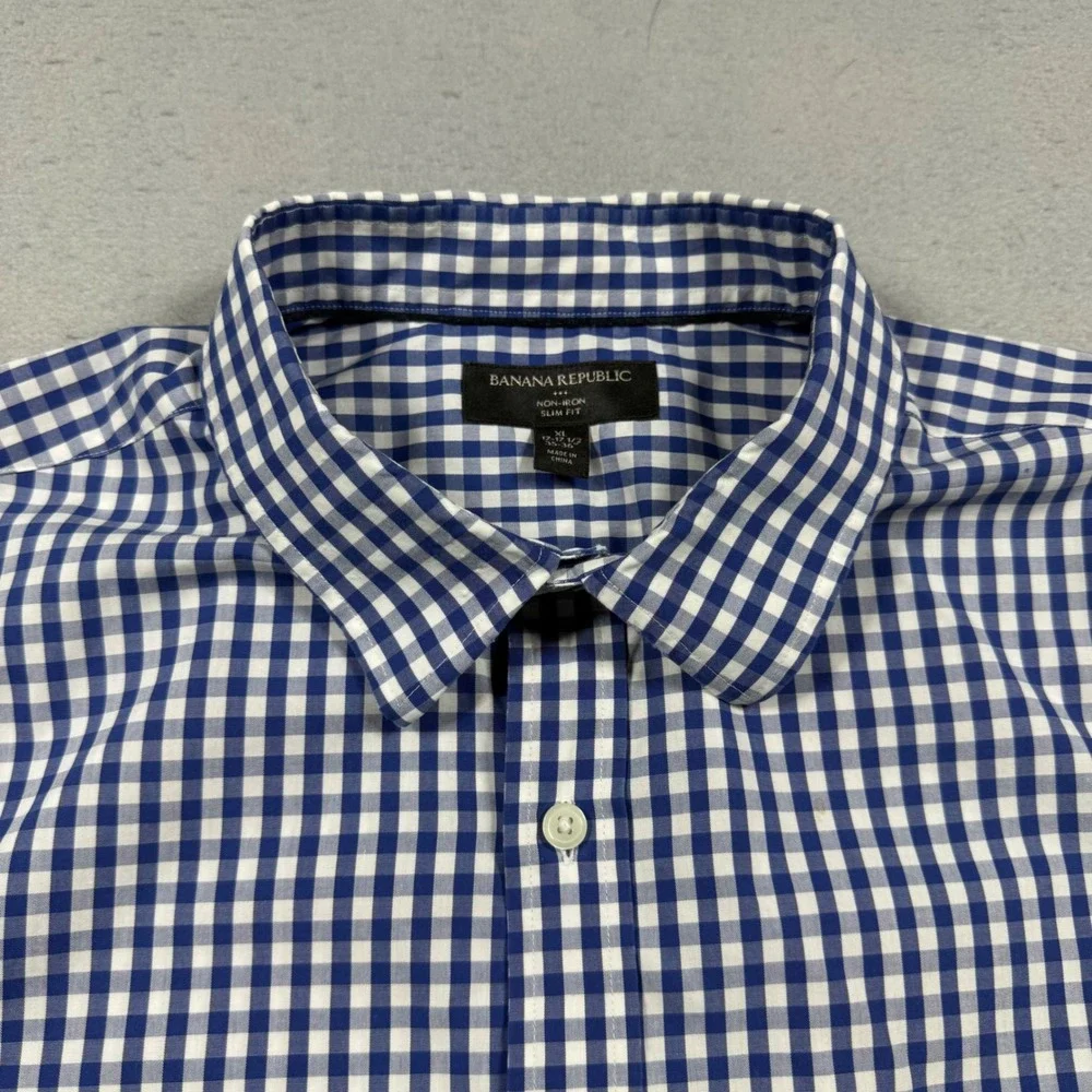 Banana Republic Mens XL Blue White Gingham Non-Iron Slim Fit Button Down Shirt
